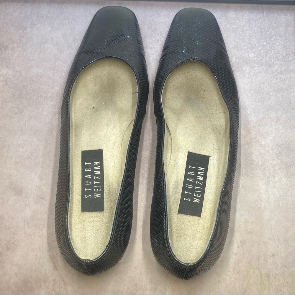 Stuart Weitzman Black Textured Square Toe Flats